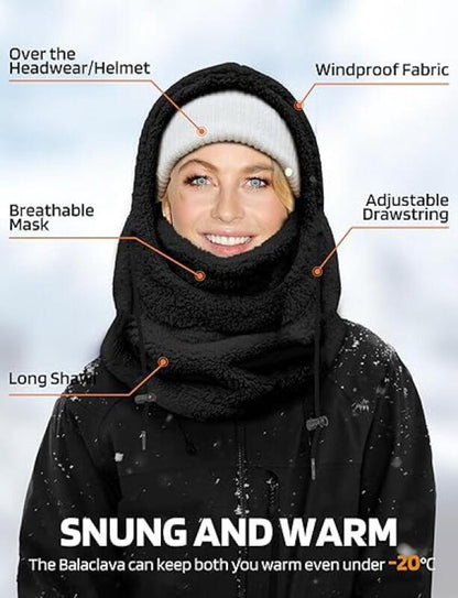 3-in-1 Women's Hat, Scarf & Face Mask - winter hooded scarf - windproof women's hat - cold protection - winter ski mask for men women - women's hat neck windproof scarf with hood cold weather warm face covering - Balaclava - Black