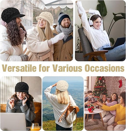 Ladies' Hat - Beanie Hat - Beret - Ladies' Beret - 2 Pieces - Knitted hat for ladies - Warm Winter Beret - Winter Hat - Warm Hats - Winter Hat with Brim - Winter - Fashion - Black/Beige