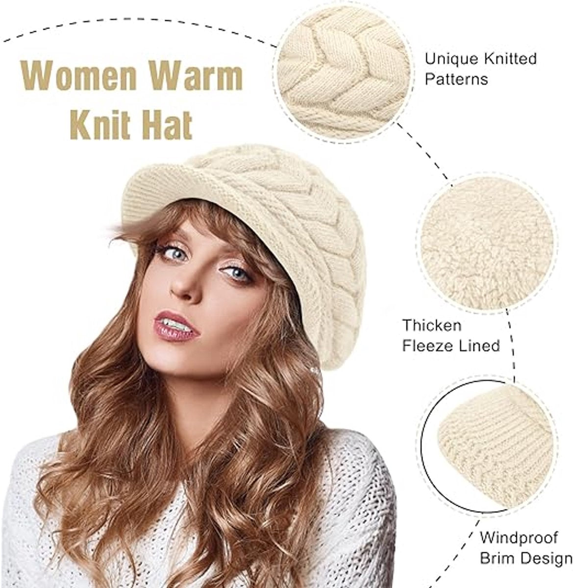 Ladies' Hat - Beanie Hat - Beret - Ladies' Beret - 2 Pieces - Knitted hat for ladies - Warm Winter Beret - Winter Hat - Warm Hats - Winter Hat with Brim - Winter - Fashion - Black/Beige