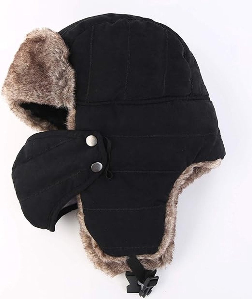 Beanie - men's beanie - Winter beanie - With Ear flaps and Face Mask - Winter Fur - Men's winter hat - Trapper hat - Black Ski Trooper - Snow Cap - Russian hat - Hunter's hat - Winter ear flap beanie - for cold weather - Black & Brown