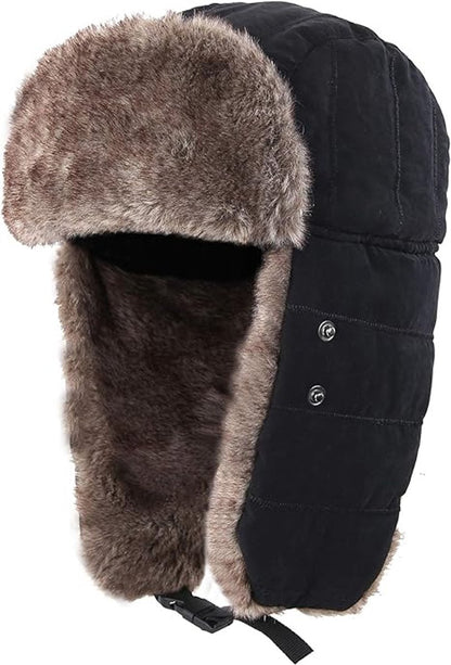 Beanie - men's beanie - Winter beanie - With Ear flaps and Face Mask - Winter Fur - Men's winter hat - Trapper hat - Black Ski Trooper - Snow Cap - Russian hat - Hunter's hat - Winter ear flap beanie - for cold weather - Black & Brown