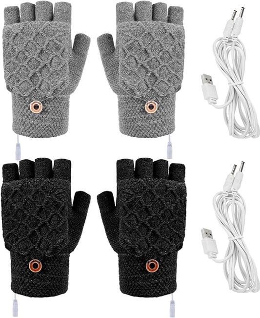 2 Pairs USB Heated Gloves - Heated Gloves - Electric Heating - Double-Sided Heating - Knitted Heated Gloves - Warm Winter Gloves - Gloves with Heating - Gloves - Winter - Unisex - Grey/Black