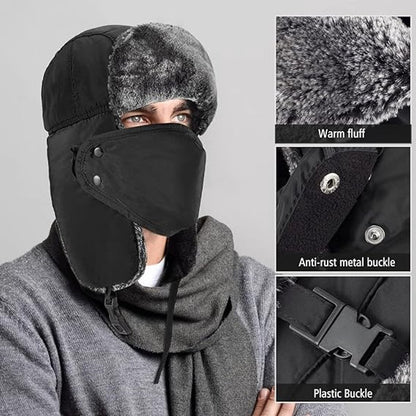 Beanie - men's beanie - Winter beanie - With Ear flaps and Face Mask - Winter Fur - Men's winter hat - Trapper hat - Black Ski Trooper - Snow Cap - Russian hat - Hunter's hat - Winter ear flap beanie - for cold weather - Black