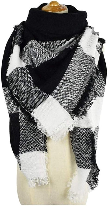 scarf - women's scarf - Women's Triangle Scarf - women's winter scarf - small scarves for women - Women's Wrap - Triangular scarf - Scarf with fringe - Faux cashmere - Warm for autumn and winter - Large checked tassel scarf - Black & White