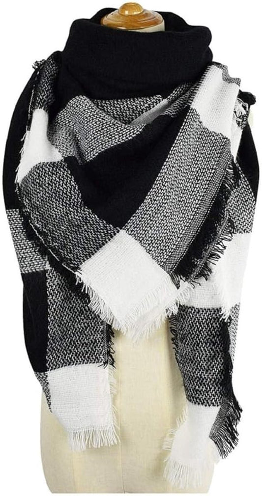scarf - women's scarf - Women's Triangle Scarf - women's winter scarf - small scarves for women - Women's Wrap - Triangular scarf - Scarf with fringe - Faux cashmere - Warm for autumn and winter - Large checked tassel scarf - Black & White