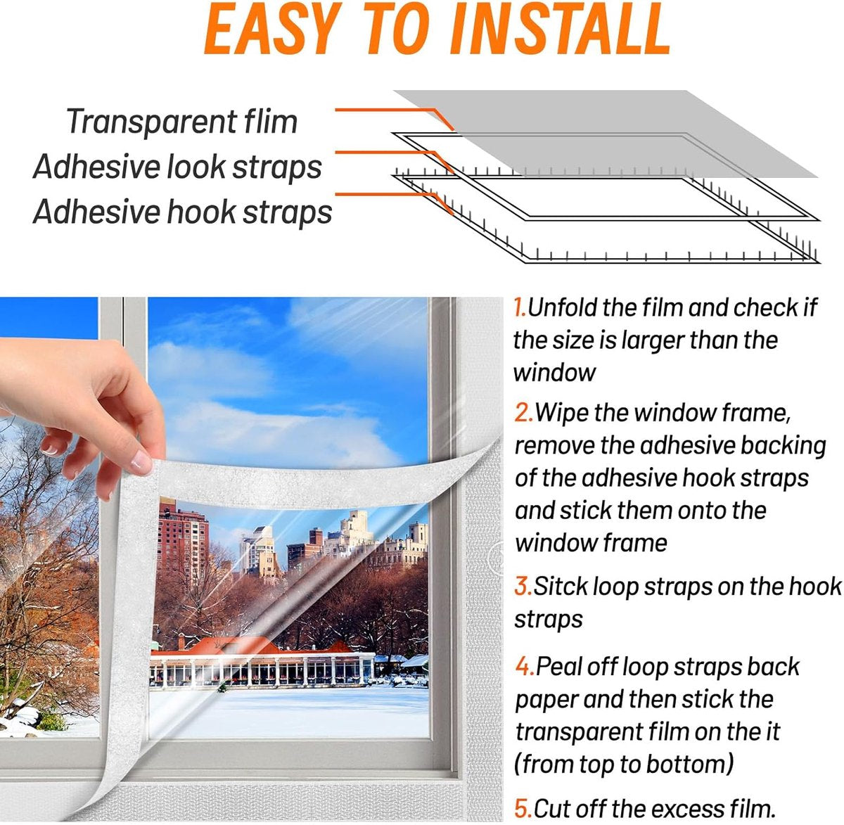 Window Film - Thermal Insulation for Windows - Window Film Insulation Sealing Set - Winter Window Insulation Set - Window Insulation Film - Winter Insulation Window Covering Set - Self-Adhesive - with Velcro - for windows and skylights - transparent - 160