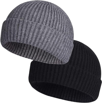 2 Pieces - hat - men's hat - Beanie - women's hat - men's beanie - Winter hat - knitted hat - Warm Hats - Cycling hat - Knitted ski hats - Running hats - Ultrawarm - Unisex - short knitted autumn winter warm hat - Grey, Black