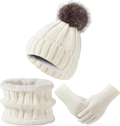 Hat with pompom, scarf and gloves - Three-piece Winter set - knitted fabrics - Warm Baggy Ski Hat - Winter Hat - Neck Warmer - Gloves - Touchscreen Gloves - for Outdoor play, skiing, motorcycling, windproof - for Men, Women - White