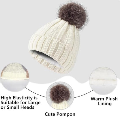 Hat with pompom, scarf and gloves - Three-piece Winter set - knitted fabrics - Warm Baggy Ski Hat - Winter Hat - Neck Warmer - Gloves - Touchscreen Gloves - for Outdoor play, skiing, motorcycling, windproof - for Men, Women - White