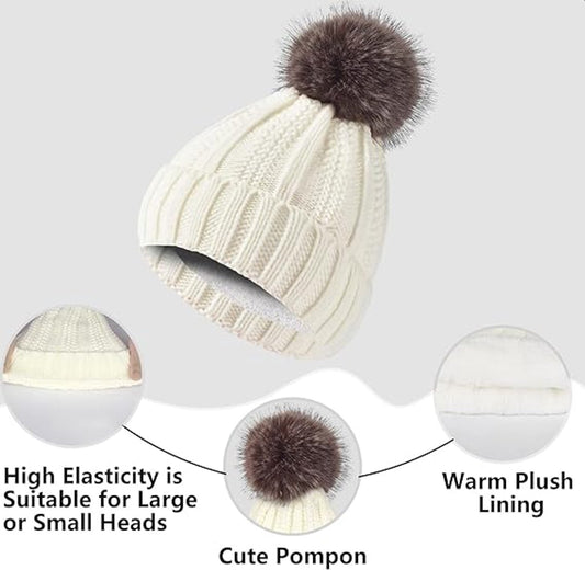 Hat with pompom, scarf and gloves - Three-piece Winter set - knitted fabrics - Warm Baggy Ski Hat - Winter Hat - Neck Warmer - Gloves - Touchscreen Gloves - for Outdoor play, skiing, motorcycling, windproof - for Men, Women - White