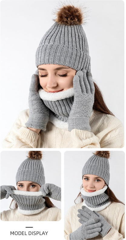 Hat with pompom, scarf and gloves - Three-piece Winter set - knitted fabrics - Warm Baggy Ski Hat - Winter Hat - Neck Warmer - Gloves - Touchscreen Gloves - for Outdoor play, skiing, motorcycling, windproof - for Men, Women - Grey