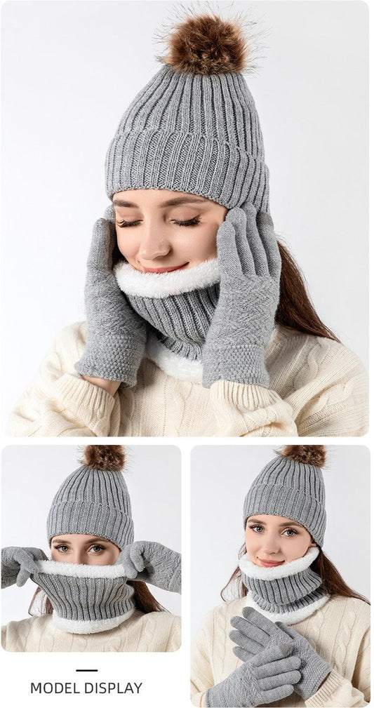 Hat with pompom, scarf and gloves - Three-piece Winter set - knitted fabrics - Warm Baggy Ski Hat - Winter Hat - Neck Warmer - Gloves - Touchscreen Gloves - for Outdoor play, skiing, motorcycling, windproof - for Men, Women - Grey