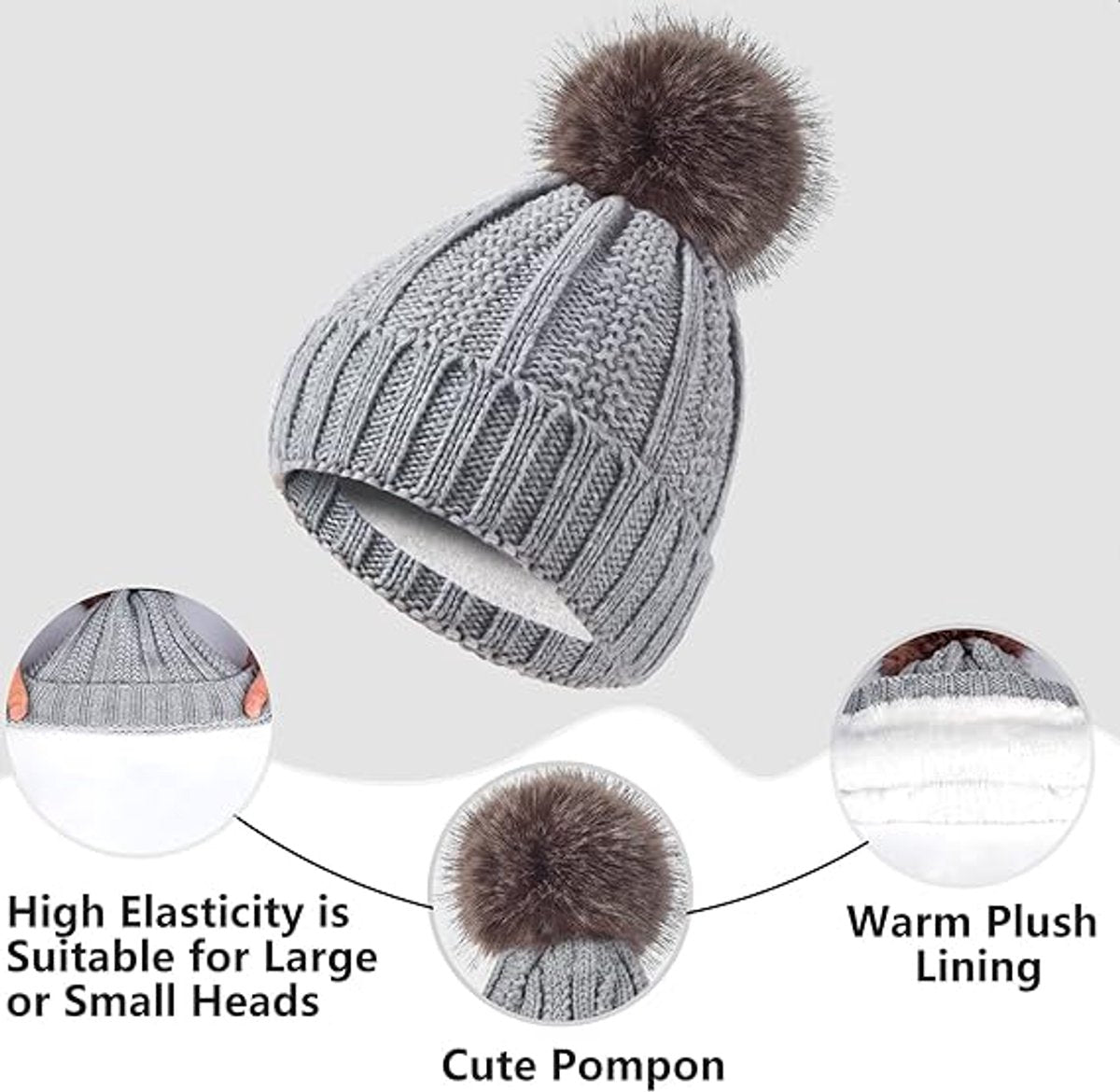 Hat with pompom, scarf and gloves - Three-piece Winter set - knitted fabrics - Warm Baggy Ski Hat - Winter Hat - Neck Warmer - Gloves - Touchscreen Gloves - for Outdoor play, skiing, motorcycling, windproof - for Men, Women - Grey