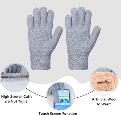 Hat with pompom, scarf and gloves - Three-piece Winter set - knitted fabrics - Warm Baggy Ski Hat - Winter Hat - Neck Warmer - Gloves - Touchscreen Gloves - for Outdoor play, skiing, motorcycling, windproof - for Men, Women - Grey