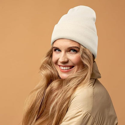 Hat - Knitted hat - Winter hat - Warm hat - Hat with satin lining - warm winter hat - knitted winter hat with fold-over brim - silk lining - soft knitted hat - warm and comfortable - for women and men - white