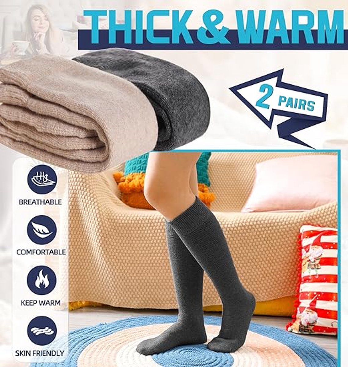 2 Pairs Cotton Knee Socks - Winter Knee Socks Warm Long Boots - Women's Winter Knitted Overknee Socks - Soft Knitted Thermal Cotton Long Socks - Women's Warm Socks - Warm Knee Socks