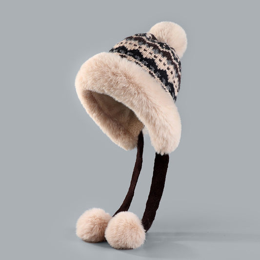 Hat - Thick wool knitted women's hat - Women's winter hat - Winter hat with pompoms - Warm wool lining - Aviator hat with earflaps - Christmas gift - Birthday gift (coffee color)