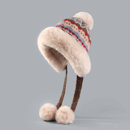 Hat - Thick wool knitted women's hat - Women's winter hat - Winter hat with pompoms - Warm wool lining - Aviator hat with earflaps - Christmas gift - Birthday gift (khaki)