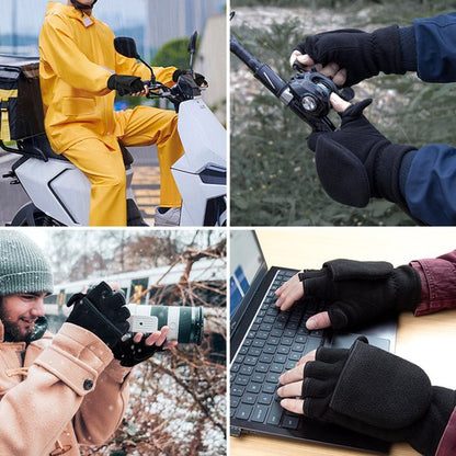 Unisex warm fleece gloves with fold-over top - Half-finger gloves - Warm gloves - Half-finger design - Suitable for writing, cycling, photo sessions with your partner - Winter gloves - Winter gift - Warm - Black L