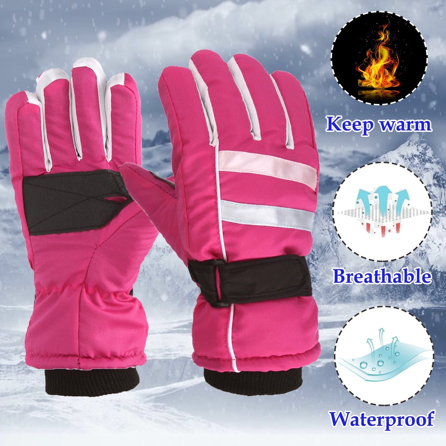 TAIAOJING Kids Winter Snow Ski Gloves Kids Winter Warm Windproof Cold Weather Outdoor Sports Gloves For Boys Girls Snow Gloves Ski Gloves One Size Z2 Hot Pink