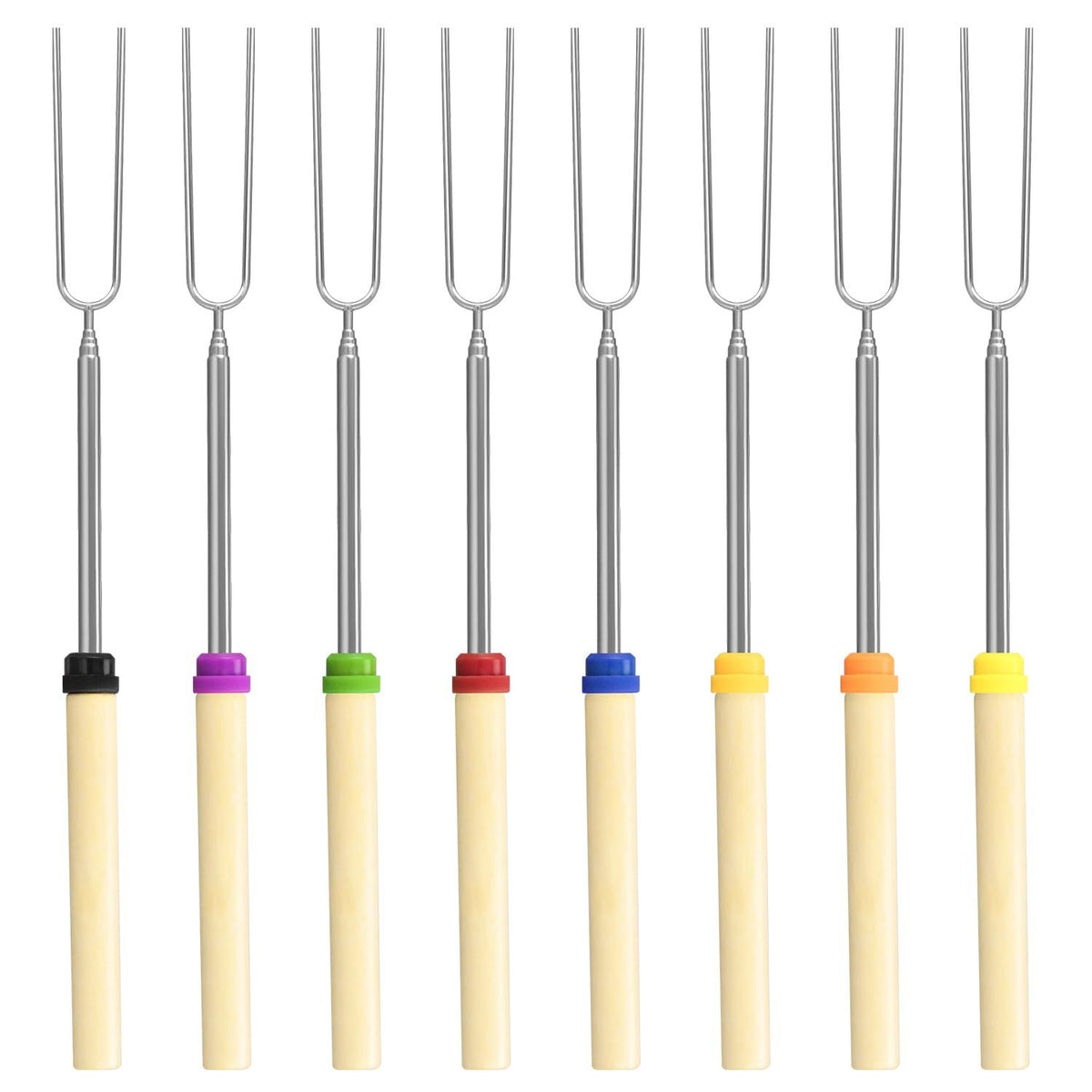 8 Pack Marshmallow Roasting Sticks Set, Extendable 32in Long Metal Barbecue Skewers with Wooden Handle