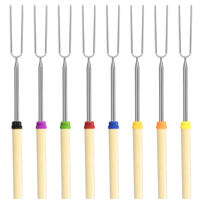 8 Pack Marshmallow Roasting Sticks Set, Extendable 32in Long Metal Barbecue Skewers with Wooden Handle