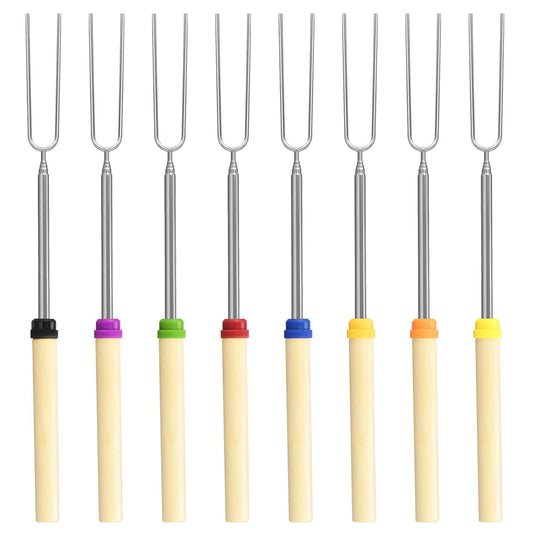 8 Pack Marshmallow Roasting Sticks Set, Extendable 32in Long Metal Barbecue Skewers with Wooden Handle