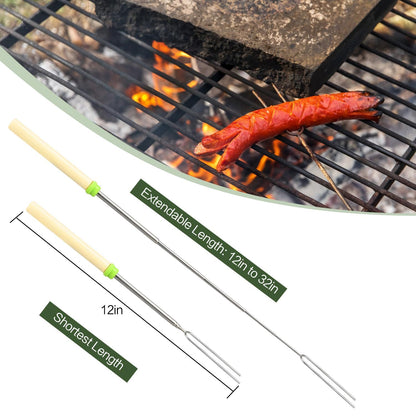 8 Pack Marshmallow Roasting Sticks Set, Extendable 32in Long Metal Barbecue Skewers with Wooden Handle