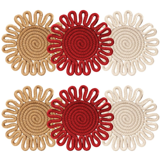 6PCS Sunflower Design Woven Heat Resistant Table Mats, Cotton Rope Hot Pan Mats, Boho Kitchen Accessories, 7" Hot Dish Mat Set