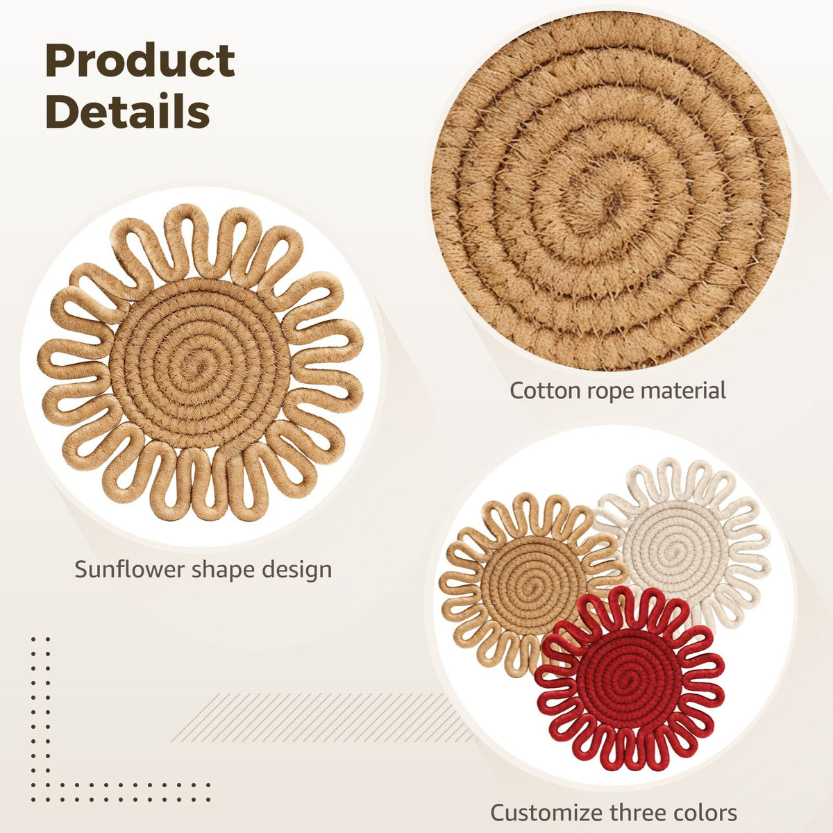 6PCS Sunflower Design Woven Heat Resistant Table Mats, Cotton Rope Hot Pan Mats, Boho Kitchen Accessories, 7" Hot Dish Mat Set