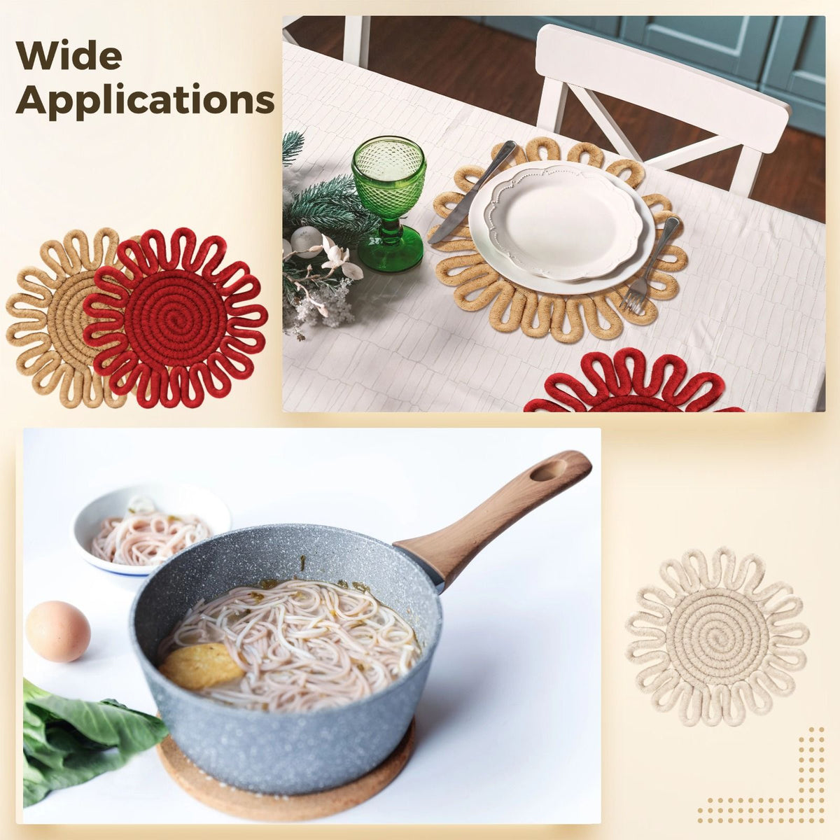 6PCS Sunflower Design Woven Heat Resistant Table Mats, Cotton Rope Hot Pan Mats, Boho Kitchen Accessories, 7" Hot Dish Mat Set