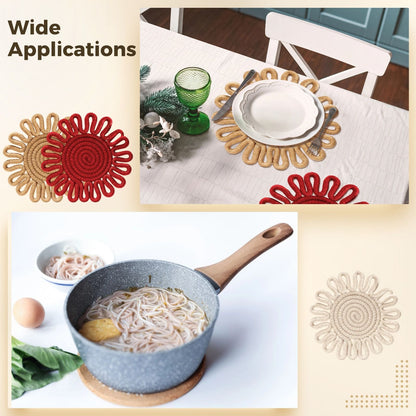 6PCS Sunflower Design Woven Heat Resistant Table Mats, Cotton Rope Hot Pan Mats, Boho Kitchen Accessories, 7" Hot Dish Mat Set