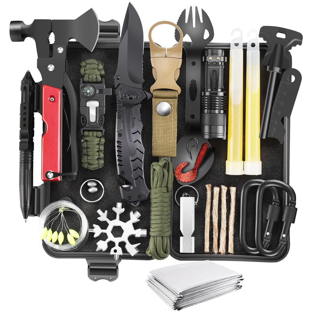 Red box outdoor survival equipment, wilderness survival treasure box toolbox set, adventure travel, car self rescue, car mounted artifact