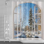 Winter Snowy Shower Curtain, Window View Blue Sky Winter Christmas Tree River Nature Snowy Scene Bath Curtains for Holiday 180cm x 180cm