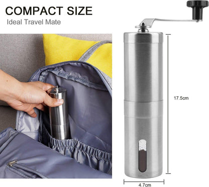 Manual Coffee Grinder Stainless Steel With Adjustable Ceramic Conical Burrs Compact Portable For Home Office Travel Silver