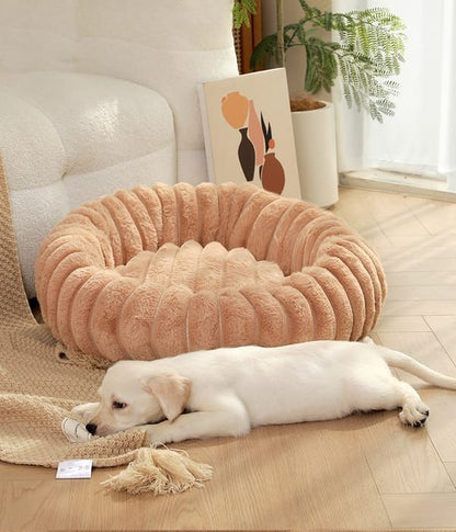 Khaki Plush Round Pet Bed, 40cm Donut Dog Cat Bed, PP Cotton Filled Soft Pet Cushion for Small Pets