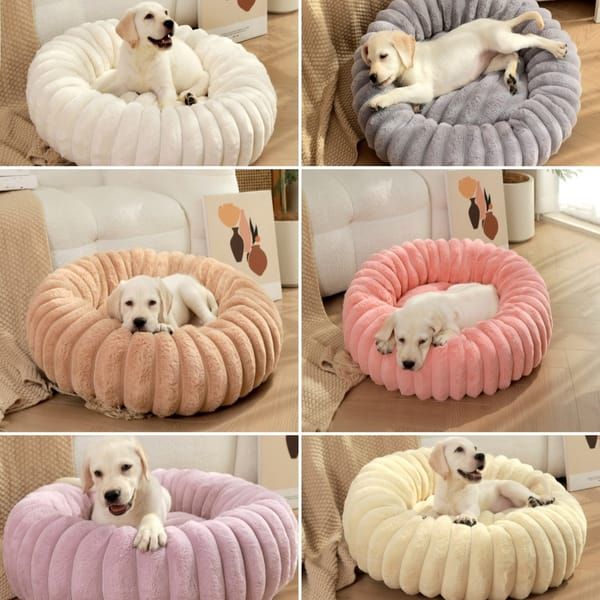 Khaki Plush Round Pet Bed, 40cm Donut Dog Cat Bed, PP Cotton Filled Soft Pet Cushion for Small Pets