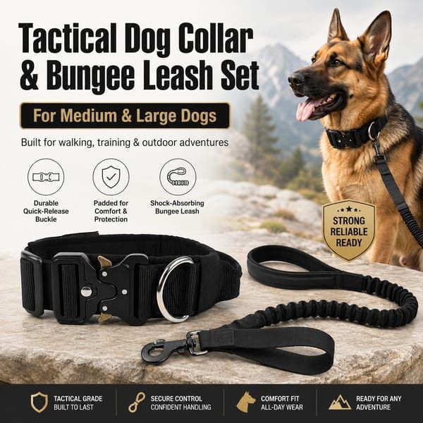 Black Tactical Dog Collar & Bungee Leash Set, XL Size, Padded Quick Release Collar with Control Handle & Shock Absorbing Leash for Medium & Large Dogs