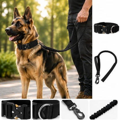Black Tactical Dog Collar & Bungee Leash Set, XL Size, Padded Quick Release Collar with Control Handle & Shock Absorbing Leash for Medium & Large Dogs