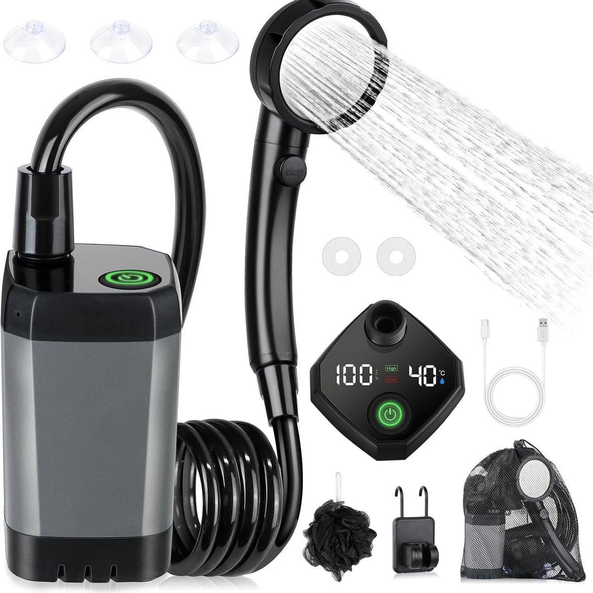 Portable Camping Shower, 6000mAh Rechargeable Shower Pump with Smart LED Temperature Display, 4 Spray Modes IPX7 Waterproof Outdoor Shower for Hiking, Travel, Car Washing & Pet Bathing, Grey