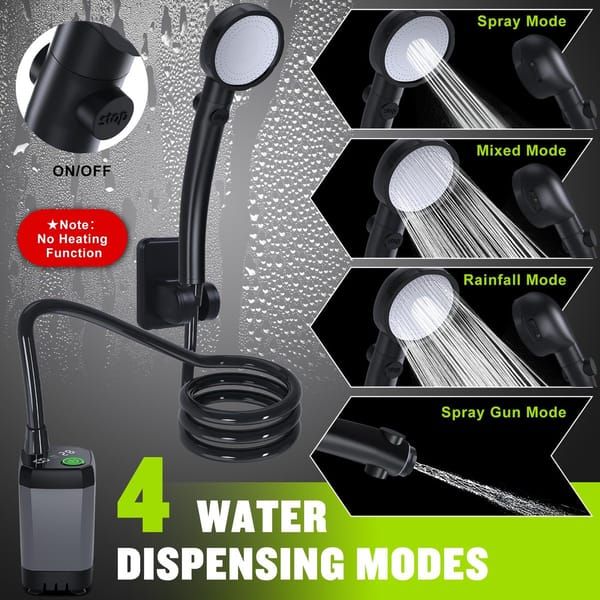 Portable Camping Shower, 6000mAh Rechargeable Shower Pump with Smart LED Temperature Display, 4 Spray Modes IPX7 Waterproof Outdoor Shower for Hiking, Travel, Car Washing & Pet Bathing, Black
