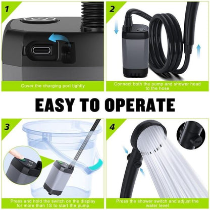 Portable Camping Shower, 6000mAh Rechargeable Shower Pump with Smart LED Temperature Display, 4 Spray Modes IPX7 Waterproof Outdoor Shower for Hiking, Travel, Car Washing & Pet Bathing, Black