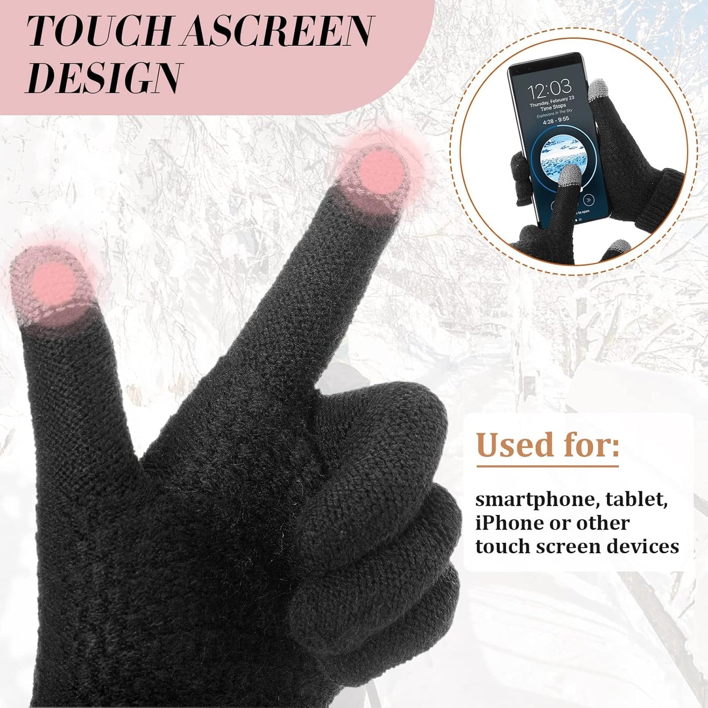 Winter Touchscreen Gloves Warm Knitted Gloves Fleece Lined Gloves Elastic Cuff Winter Texting Gloves for Women Men
