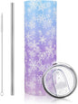 Winter Snowflake Tumbler with Lid Straw 20 oz Stainless Steel Tumbler Snowflake Insulated Skinny Travel Cup Coffee Mug with Straw Brush for Winter Holiday Birthday Party Gifts(Blue)