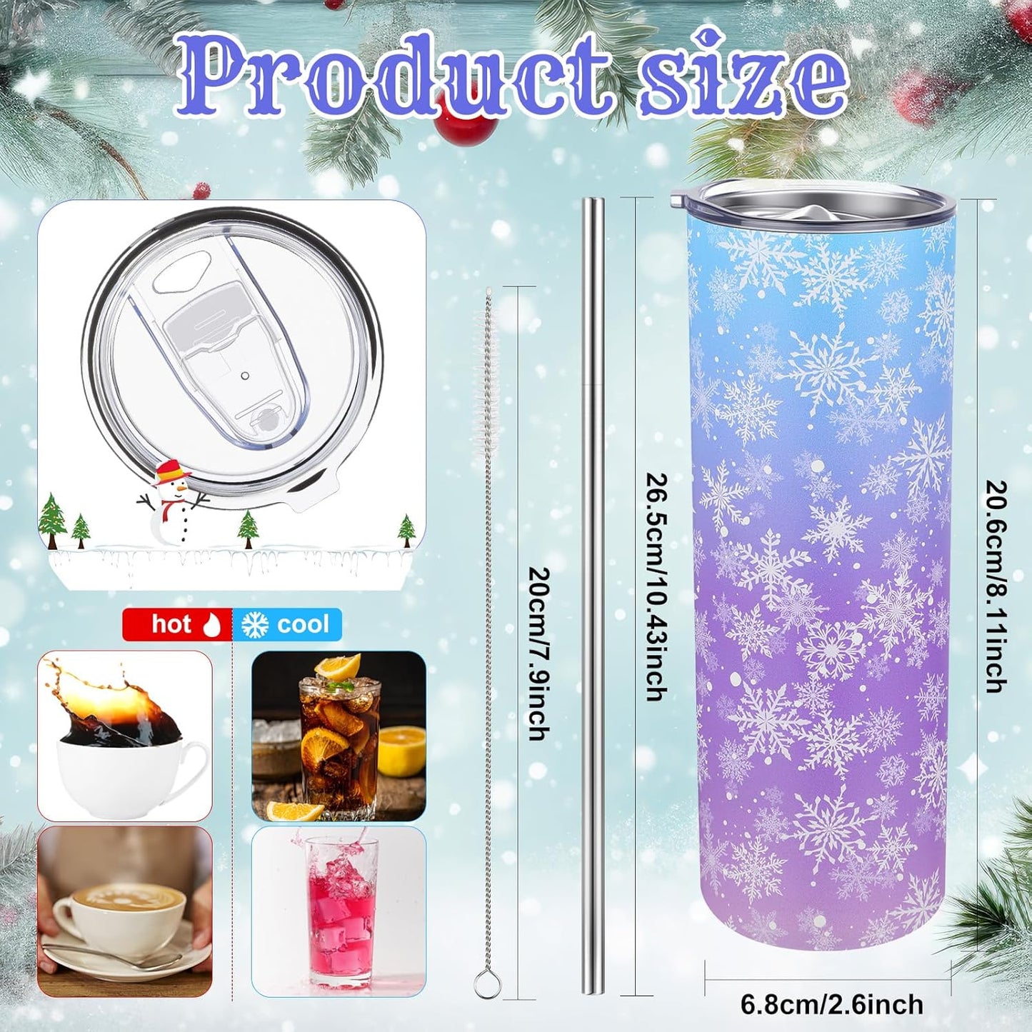 Winter Snowflake Tumbler with Lid Straw 20 oz Stainless Steel Tumbler Snowflake Insulated Skinny Travel Cup Coffee Mug with Straw Brush for Winter Holiday Birthday Party Gifts(Blue)