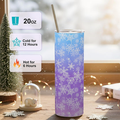 Winter Snowflake Tumbler with Lid Straw 20 oz Stainless Steel Tumbler Snowflake Insulated Skinny Travel Cup Coffee Mug with Straw Brush for Winter Holiday Birthday Party Gifts(Blue)