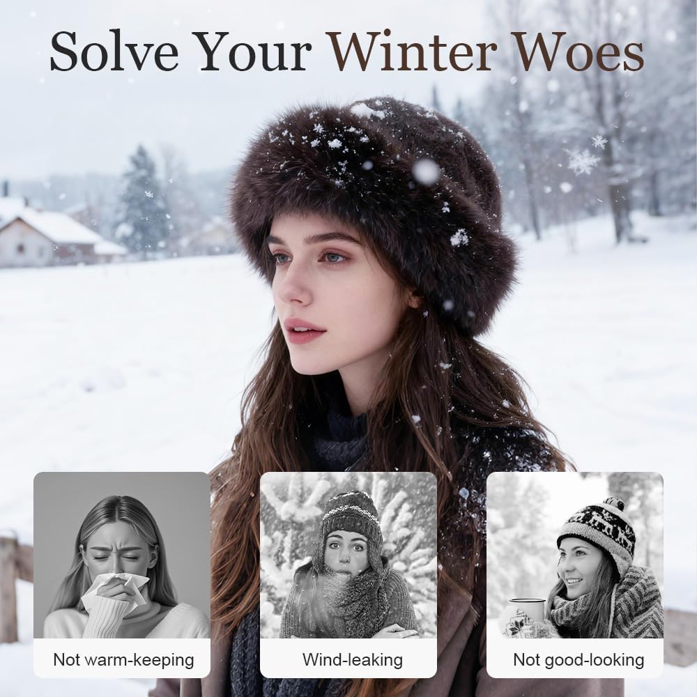 Womens Winter Faux Fur Bucket Hat, Thick Fluffy Fisherman, Winter Warmer Cap for Women