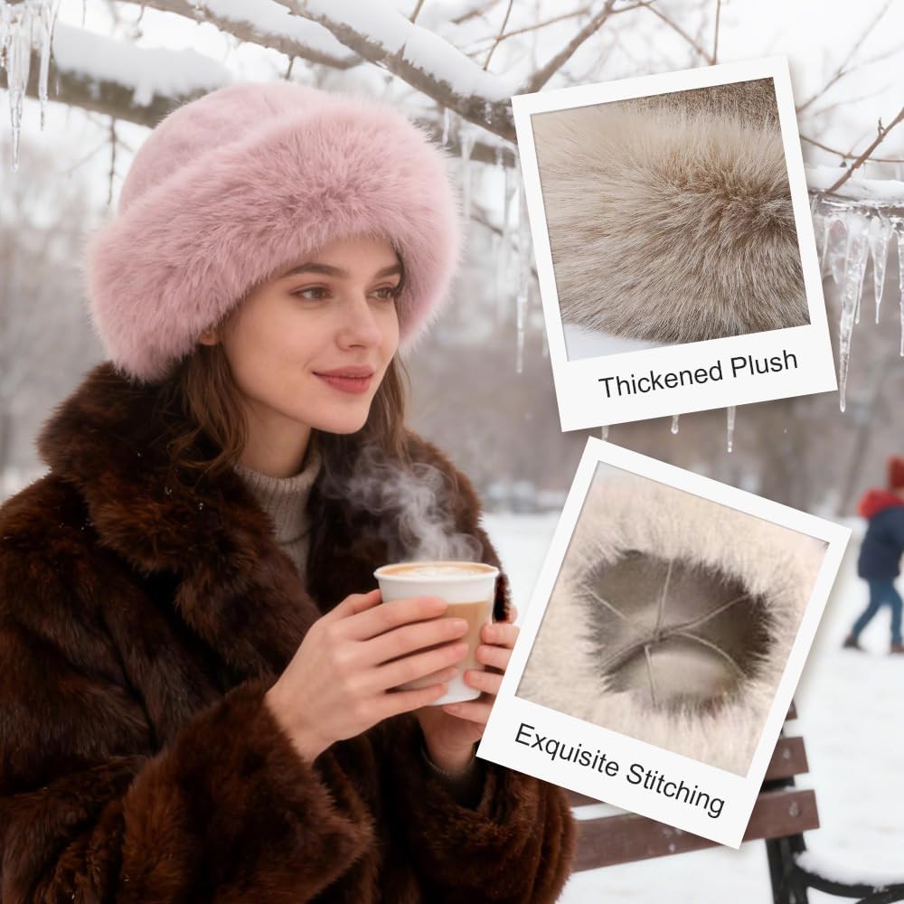 Womens Winter Faux Fur Bucket Hat, Thick Fluffy Fisherman, Winter Warmer Cap for Women