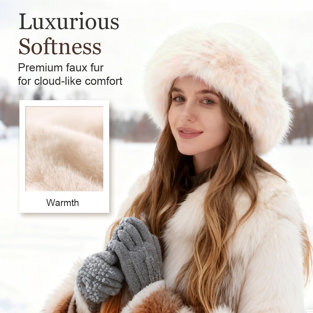 Womens Winter Faux Fur Bucket Hat, Thick Fluffy Fisherman, Winter Warmer Cap for Women