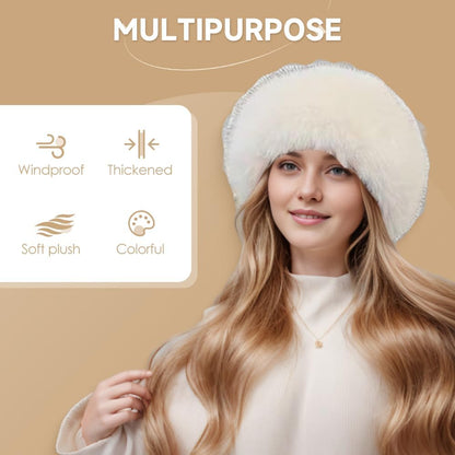 Womens Winter Faux Fur Bucket Hat, Thick Fluffy Fisherman, Winter Warmer Cap for Women